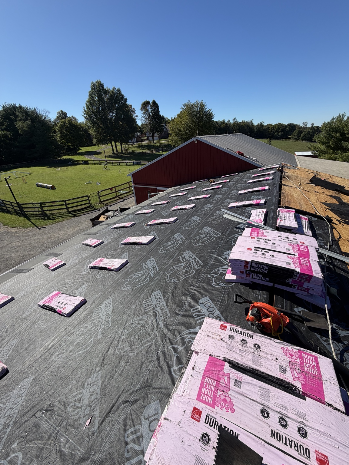 Roofing material staged for installation