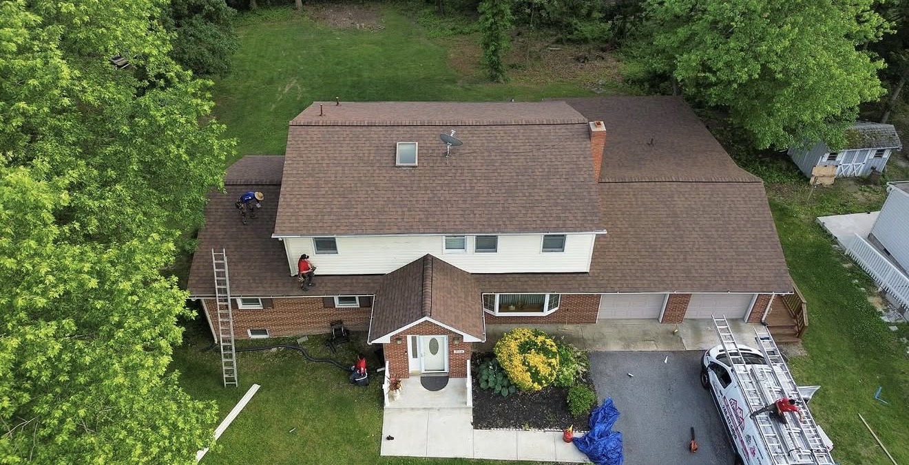Aerial view of residential roofing project
